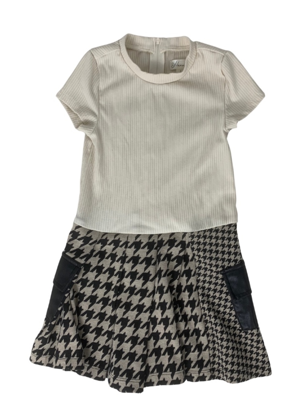 Nannette Cream Ribbed Top Black & Cream Houndstooth Skirt Dress Girl's 5 Boho